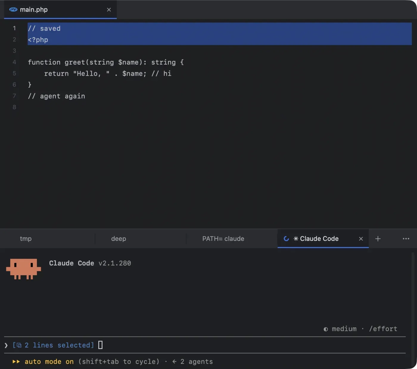 Two lines selected in the editor, and Claude Code in the terminal below showing “2 lines selected” in its prompt.