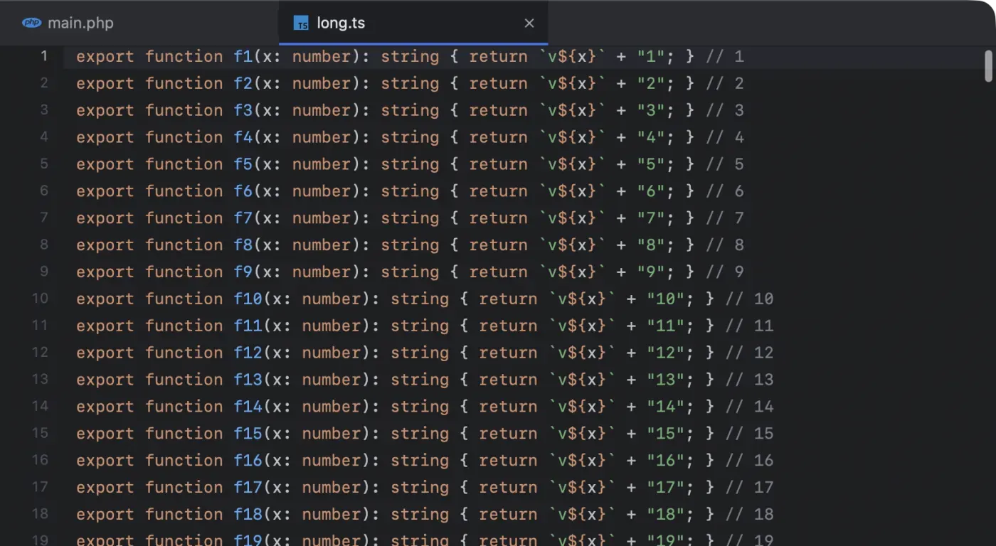 The editor showing long.ts with syntax colours and line numbers, in a tab next to main.php.