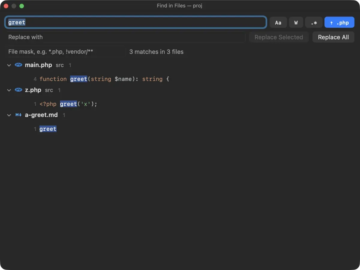 The Find in Files window for the project “proj”: “greet” in the search field, the Aa, W, .* and ⇡ .php buttons, Replace with, a file mask field, and 3 matches in 3 files grouped by file.