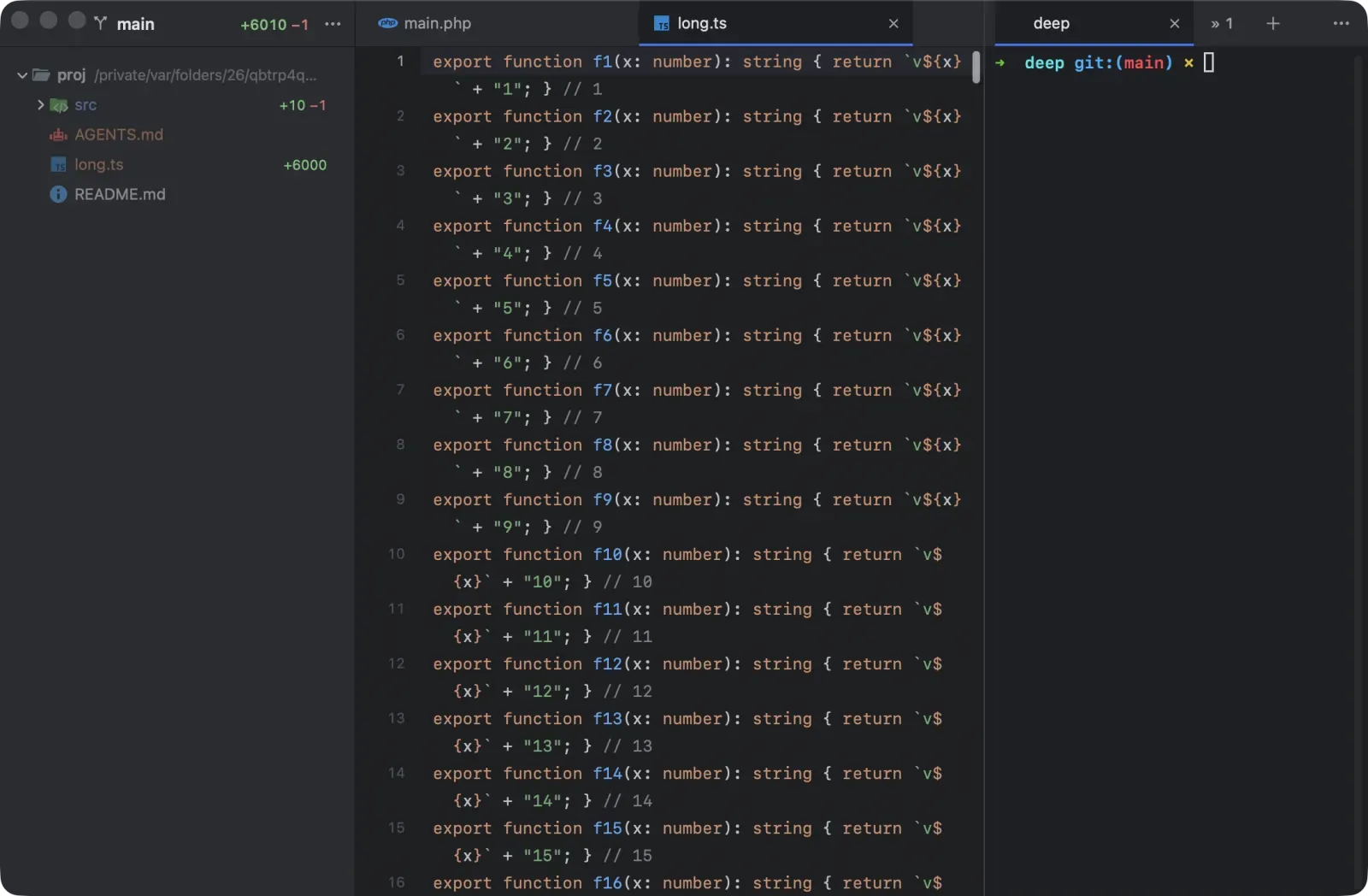 A Next Term window with the terminal on the right of the editor: the sidebar on the left, long.ts open with soft-wrapped lines in the middle, and a terminal tab on the right.