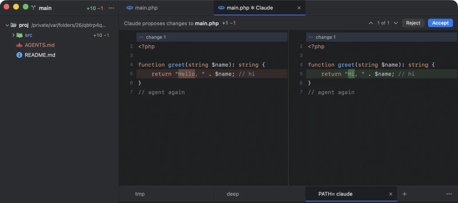 The Next Term window: a project sidebar with git line counts on the left, and a diff tab where Claude proposes changes to main.php, old on the left and new on the right, with Reject and Accept buttons. Terminal tabs run along the bottom.